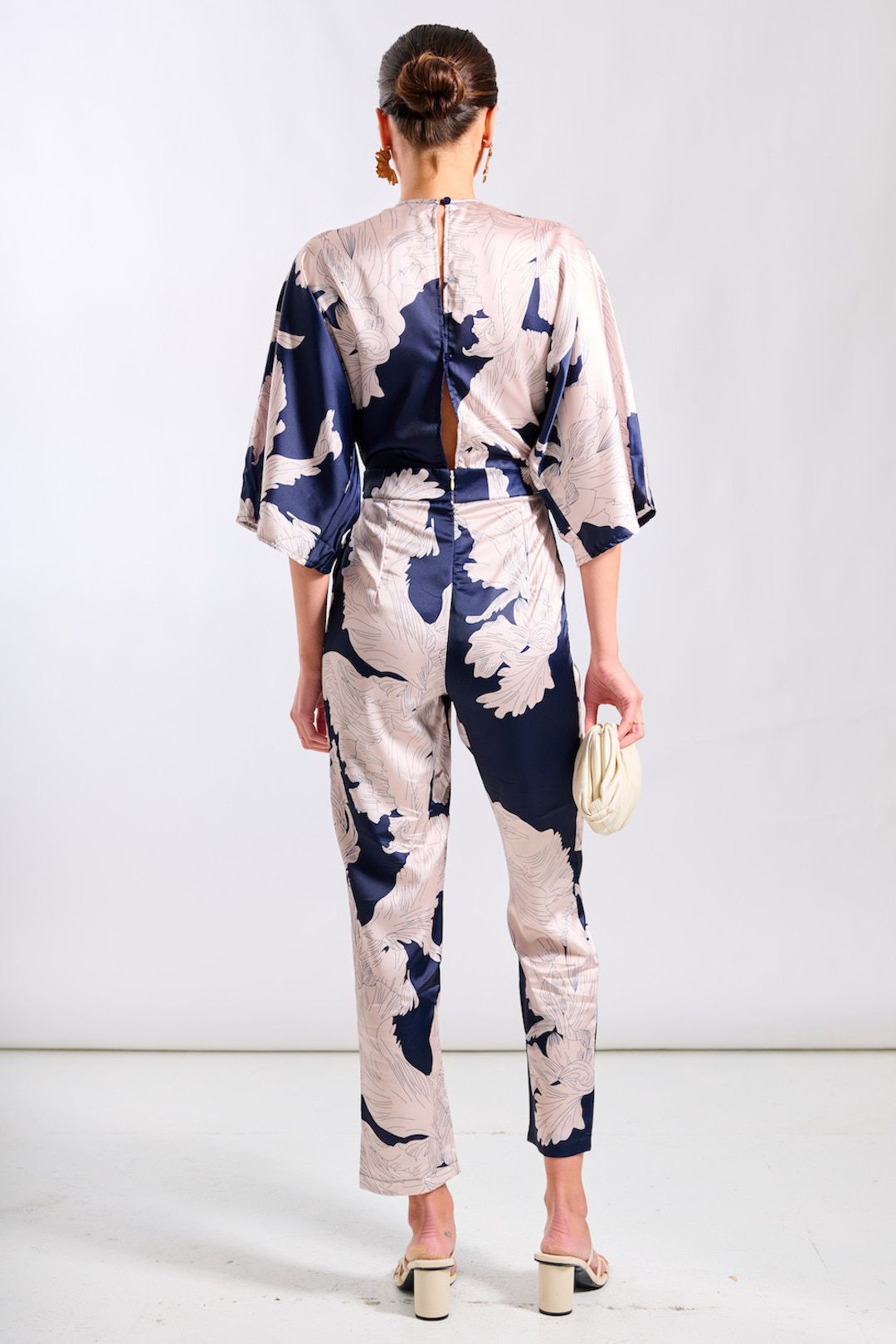 Needs No Label Navy Leaf Kimono Sleeve Jumpsuit
