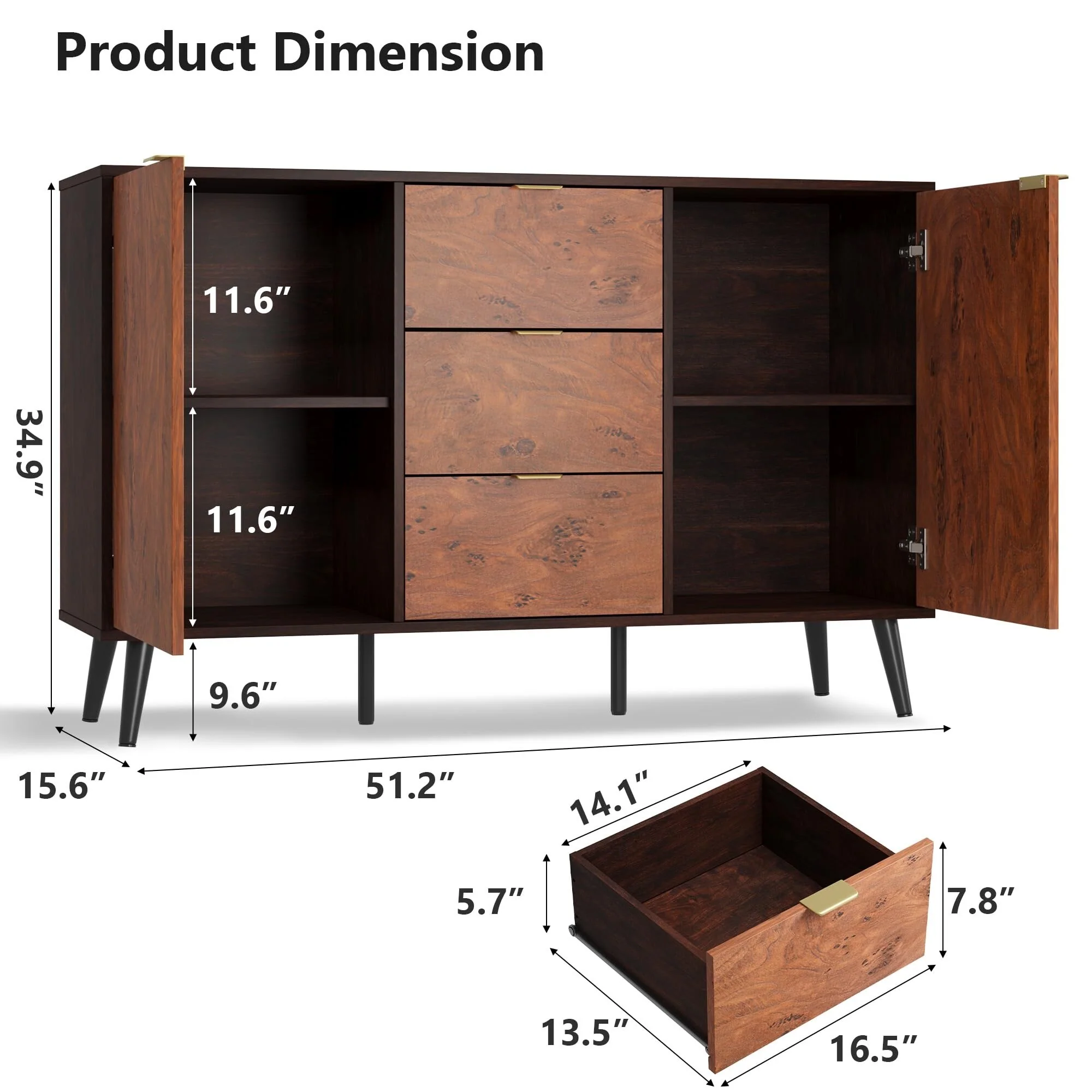 Buffet Cabinet with Drawers, 51.2'' Large Sideboard Buffet Credenza Storage Cabinet with Shelves and Doors
