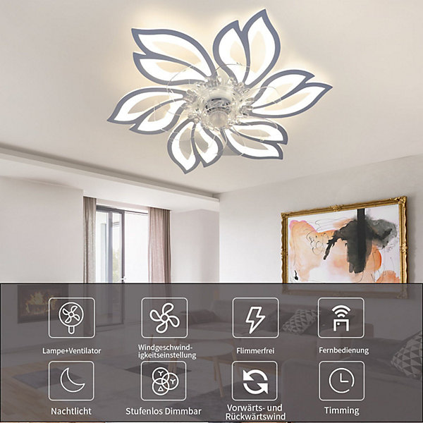 NETTLIFE Ventilateur plafond éclairage LED télécommande - Dimmable timer 6 lumières créatif