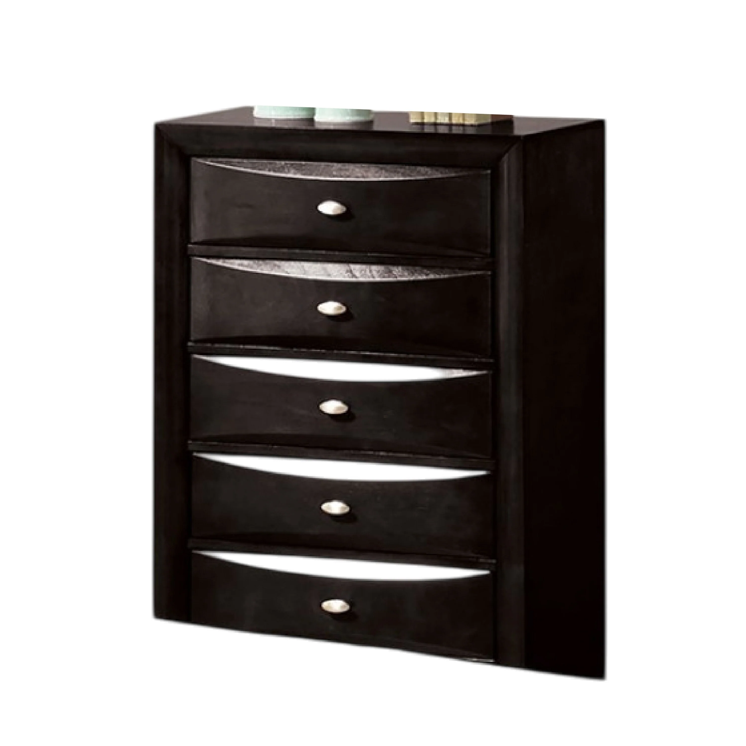Simo Tall Dresser Chest, 5 Drawers, Chrome Handles, Modern Black Wood
