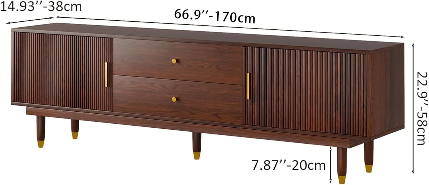 Mid Century Modern TV Stand for 75 inch TV, 66.9 Walnut TV Console with 2 Storage Cabinet & 2 Drawers, Entertainment Center, Media Console for Living Room/Bedroom