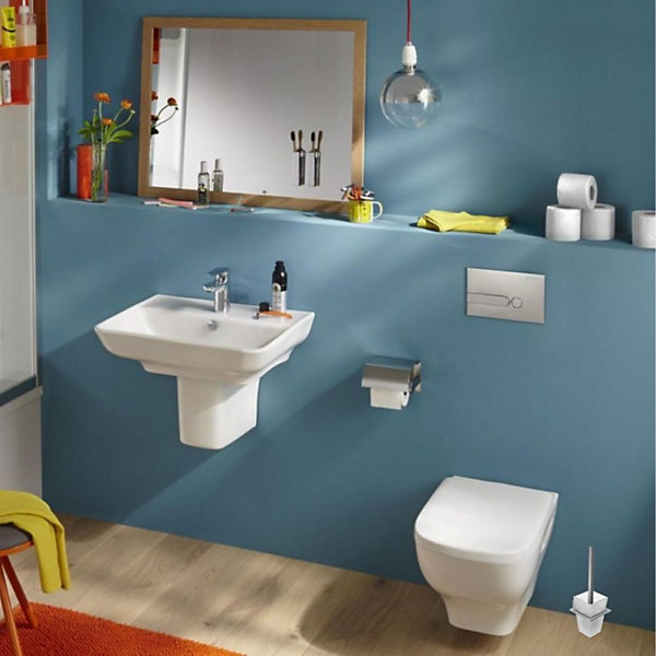 Pack WC suspendu sans bride JACOB DELAFON Struktura   Bati-support GROHE   plaque Start blanc   porte-balai carré