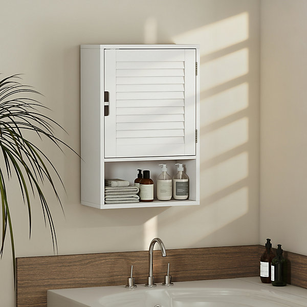Armoire murale salle de bain porte persienne étagère niche blanc