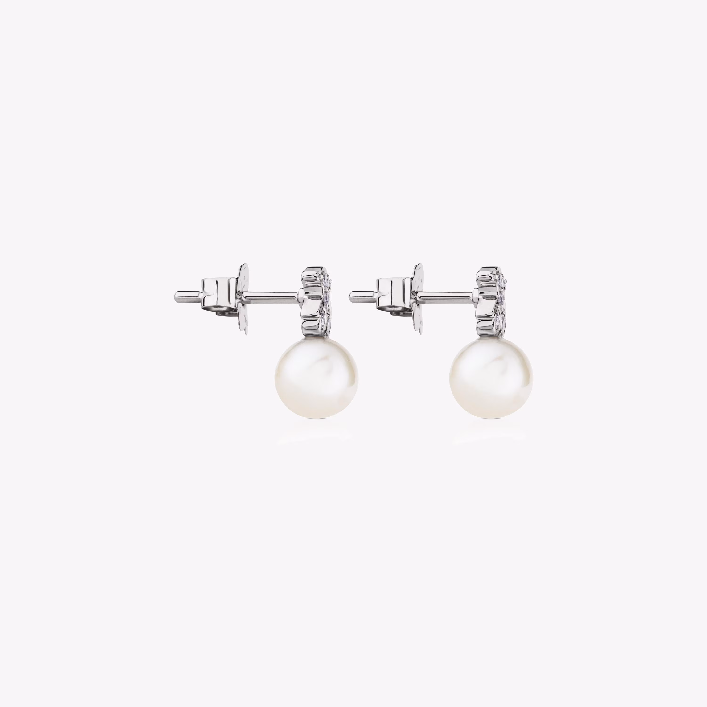 Pendientes botón de oro blanco, perlas cultivadas y diamantes Puppies