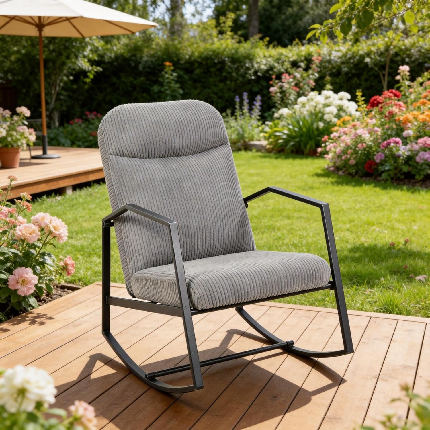 Kinfant Mid Century Modern Rocking Chair, Corduroy Upholstered Accent Chair with Metal Frame, High Back Nursery Glider Rocker, Comfy Reading Lounge Chair for Living Room Bedroom Small Space (Grey)