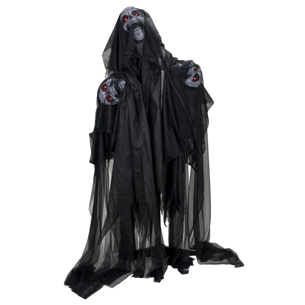 Décoration Halloween automate squelette noir 3 têtes animé son et lumière H170cm