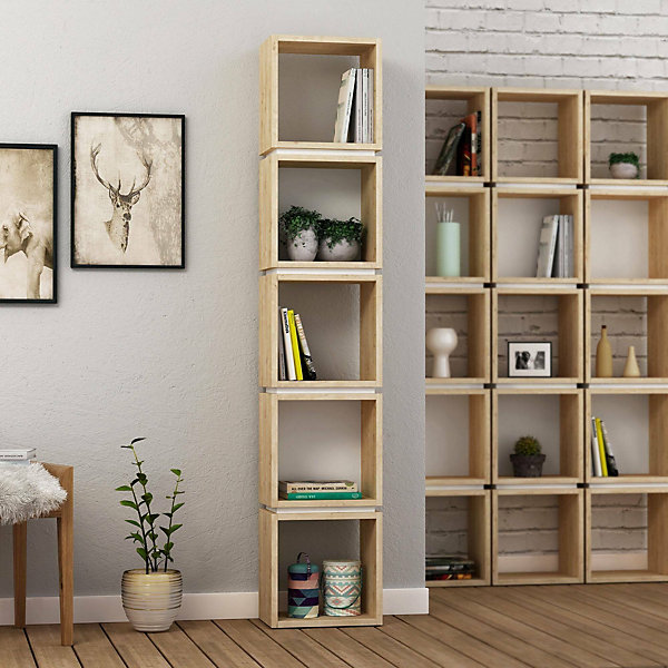 Bibliothèque Tomas, Etagère de bureau, Porte-livre mobile, Librairie, 32x22 h167 cm, Chêne et Blanc
