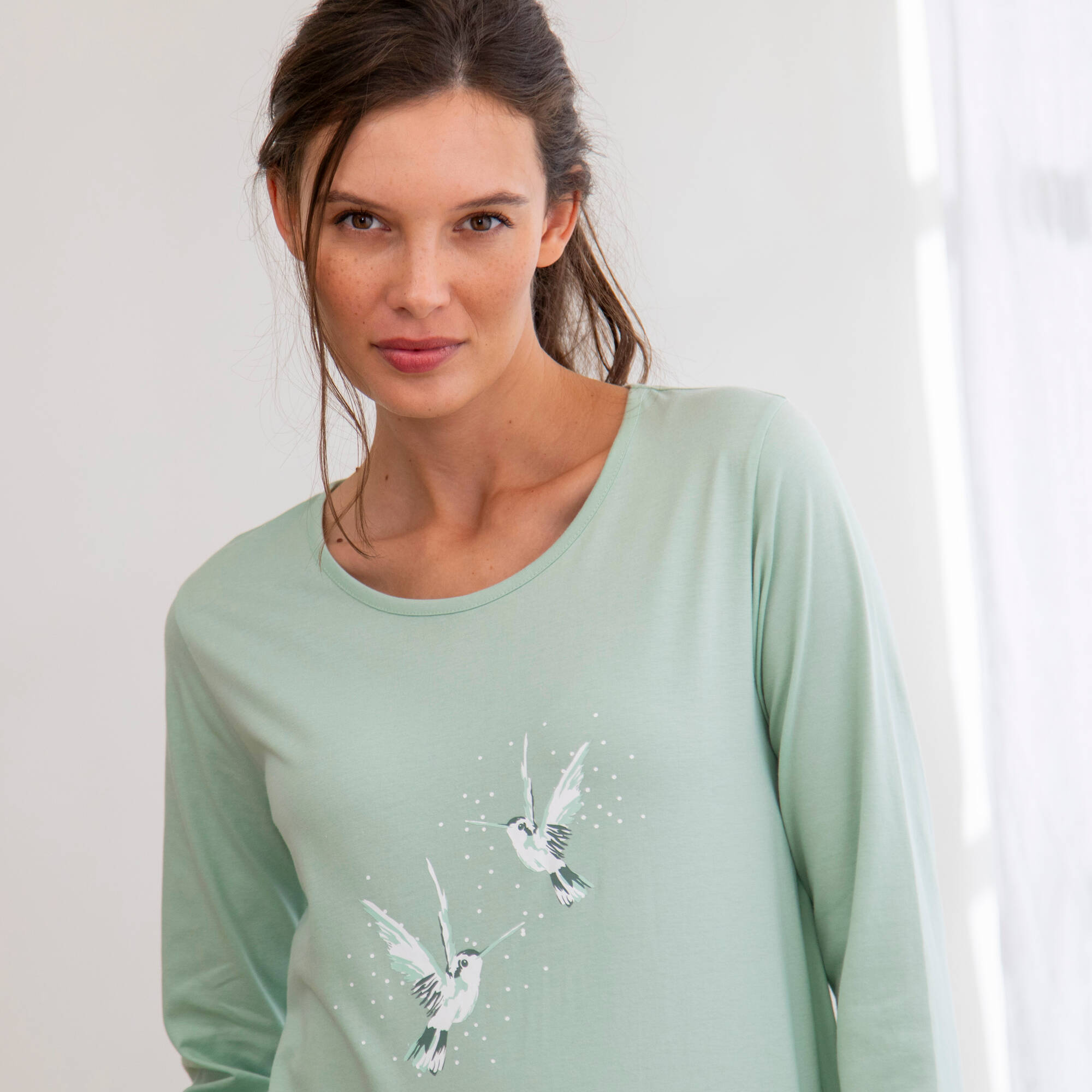 Pyjama en coton imprimé oiseaux manches longues