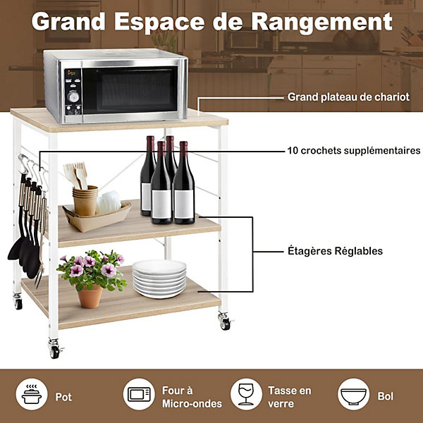 Chariot à roulettes de Cuisine 3 Niveaux étagère Chariot de Rangement avec étagères Réglables 10 Crochets Amovibles Beige