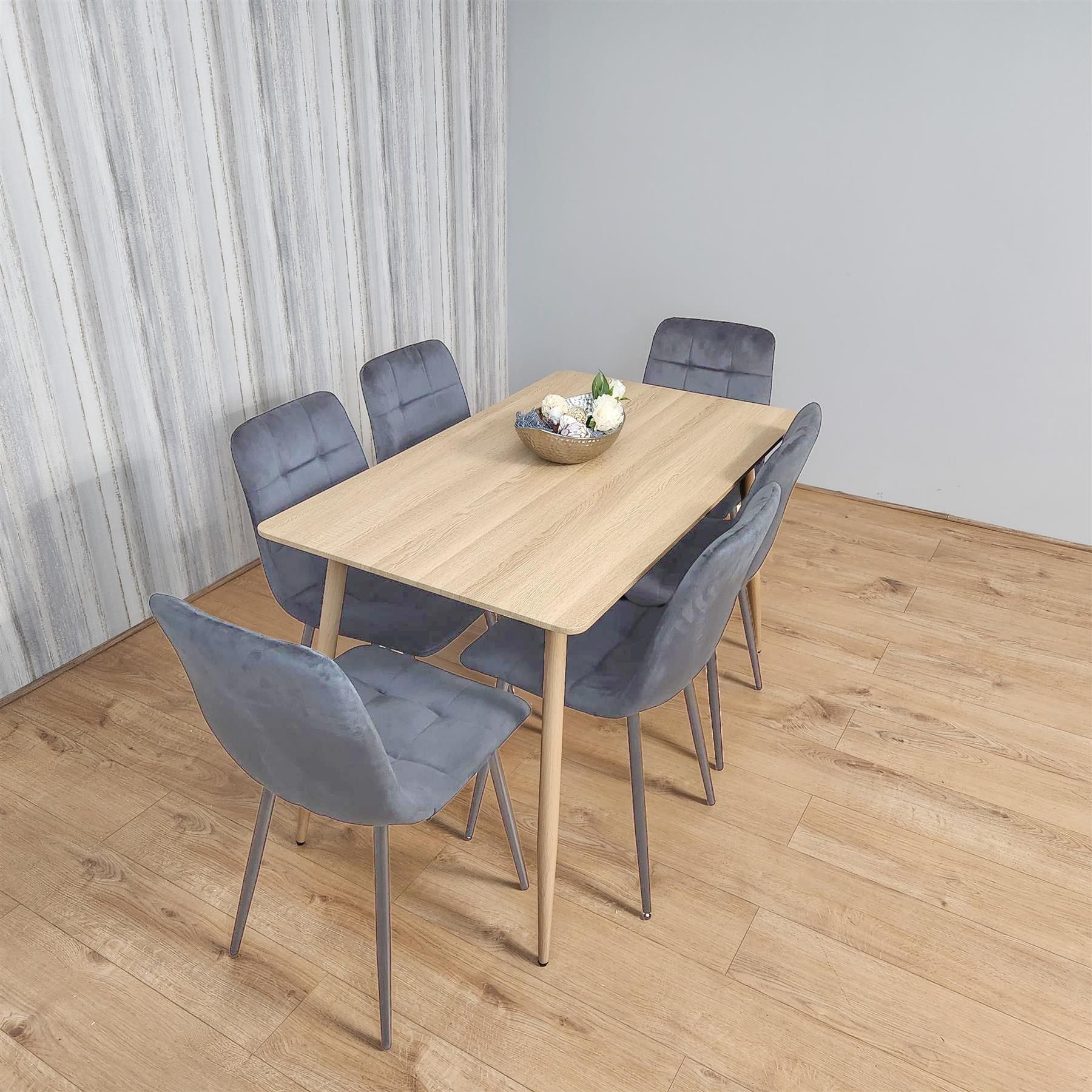 KOSY KOALA Beige Oak Design Dining Table Set with Velvet Chairs & Metal Legs