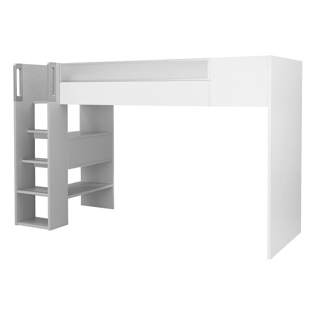 DIMIX - Lit haut blanc 90x200 effet bois blanc/gris