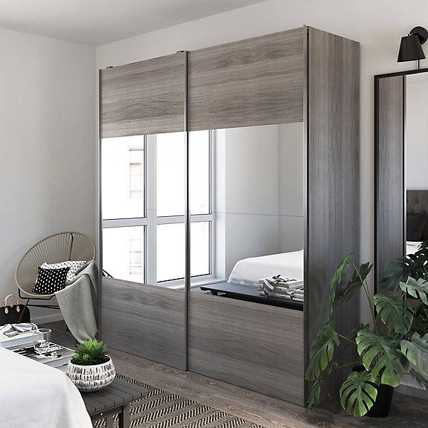 Armoire penderie portes coulissantes effet chêne grisé et miroir GoodHome Atomia H. 225 x L. 200 x P. 63,5 cm