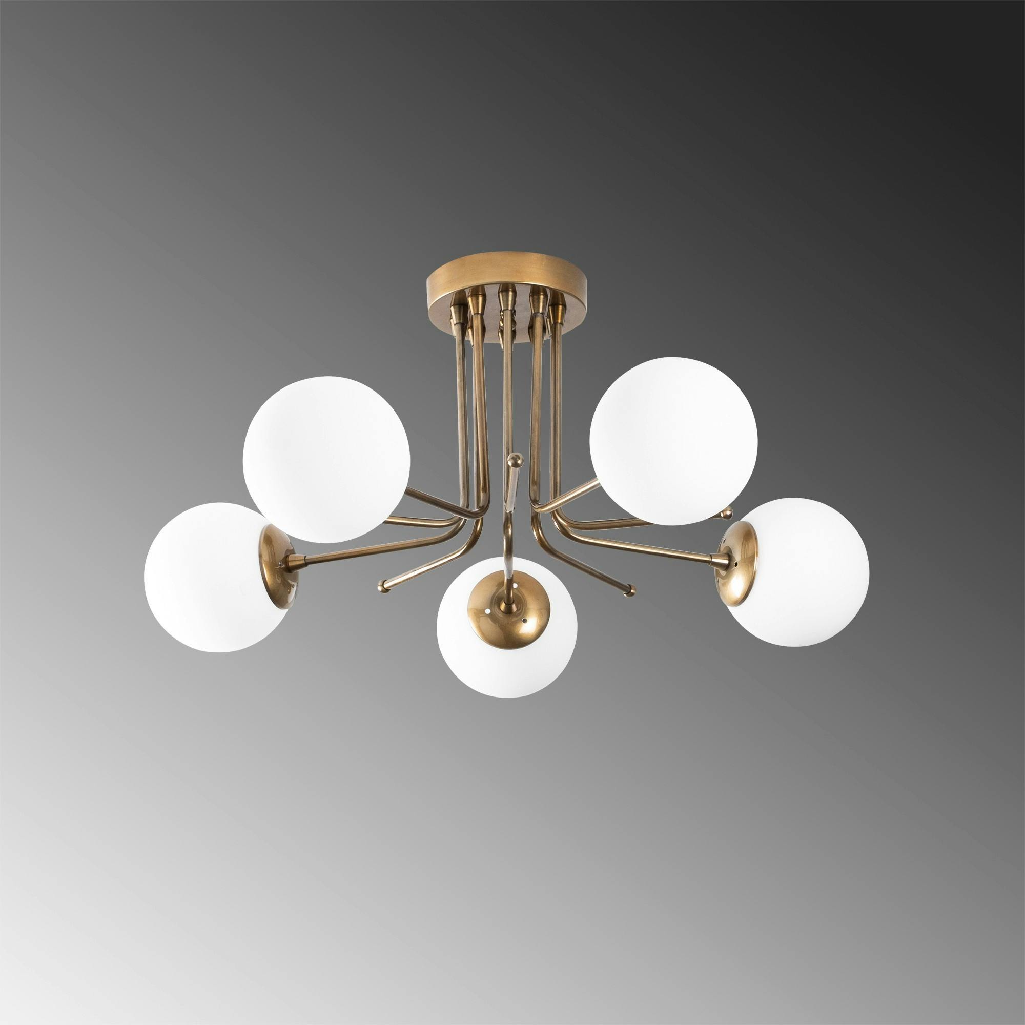 Plafonnier vintage métal doré 5 globes verre dépoli SIERRE
