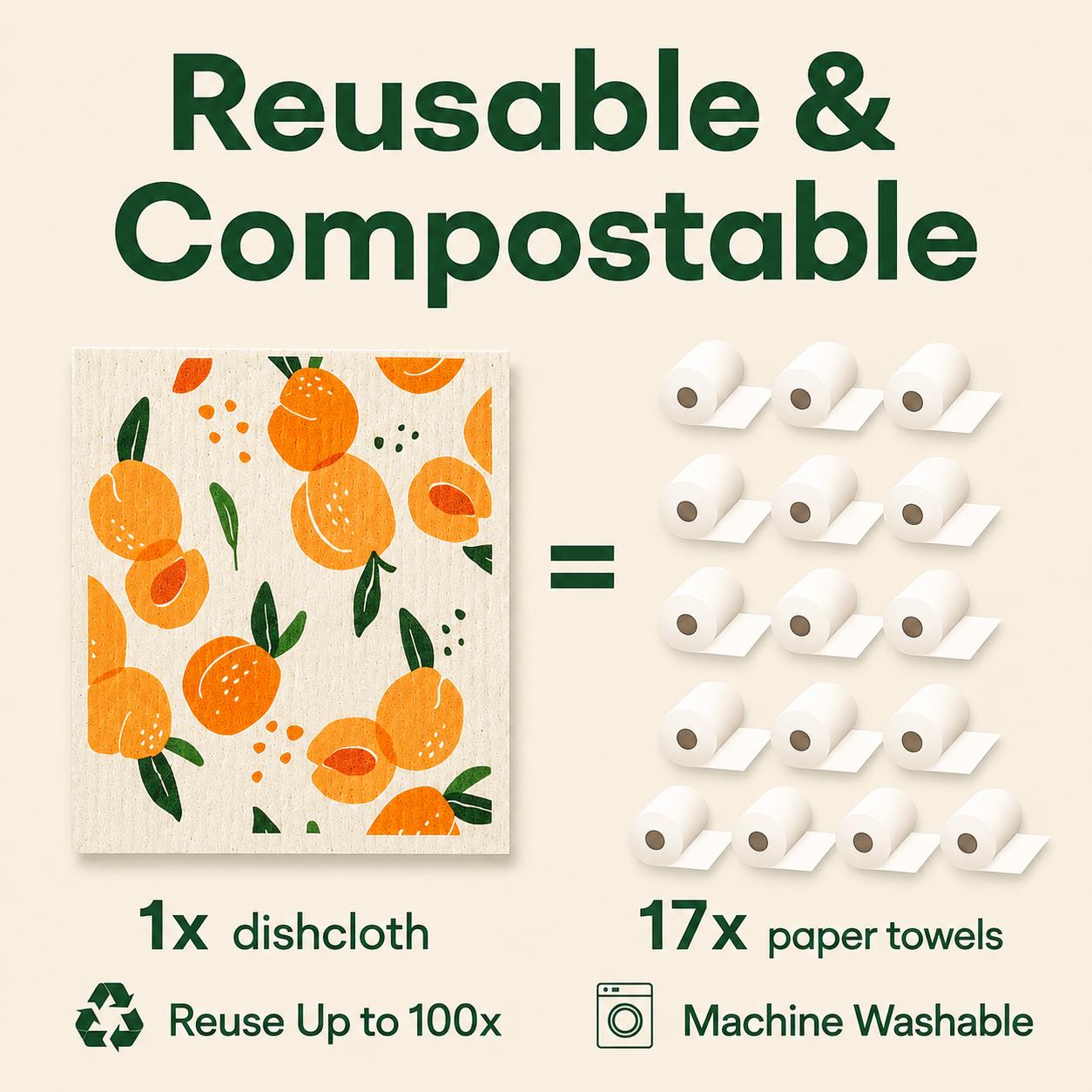 Set of 5 Fruit Swedish Dishcloths, Eco-Friendly Reusable Kitchen Cloths