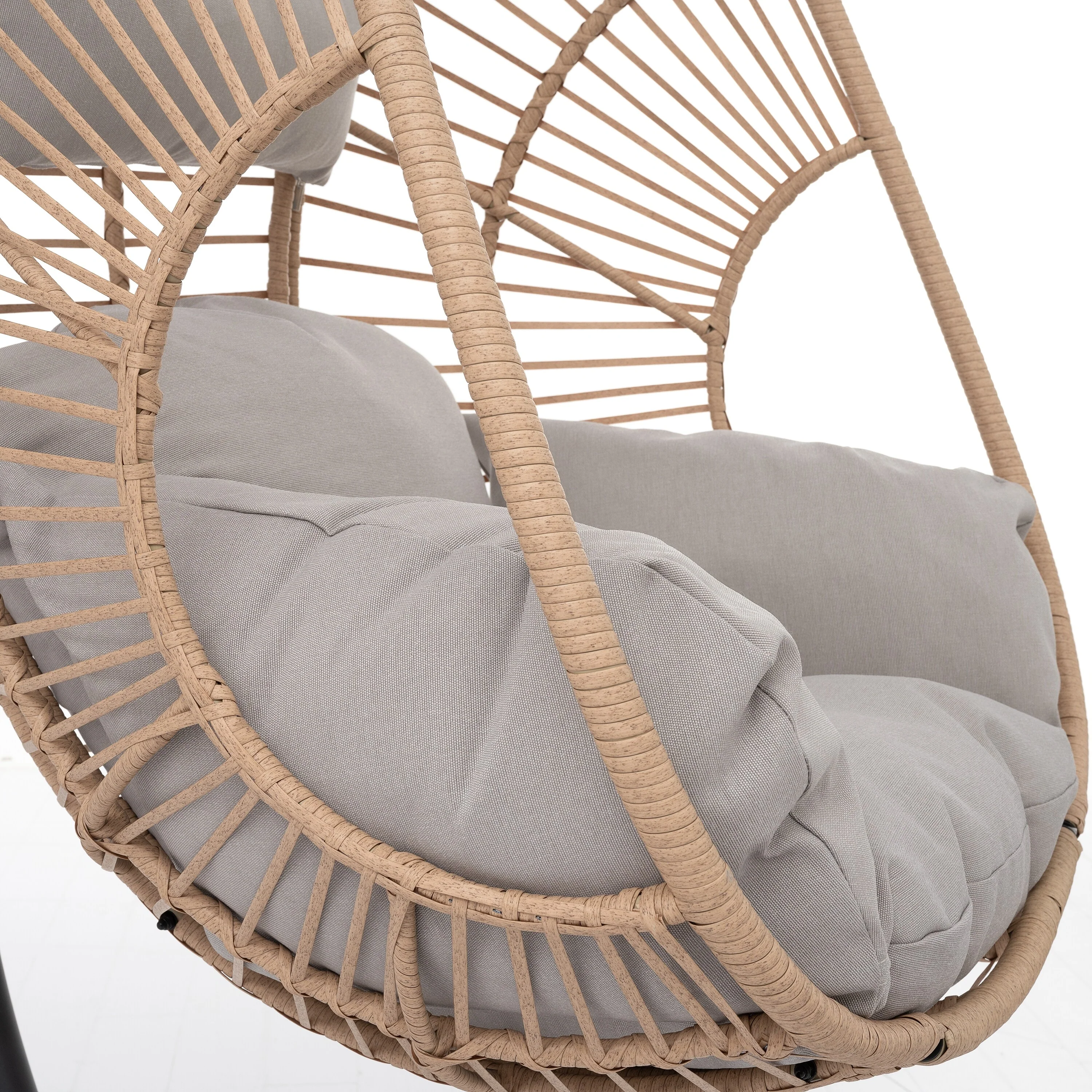 Wicker Swing Egg Chair - Indoor/Outdoor Hanging Chair with Beige Cushion and Stable Base (Handwoven PE Rattan Design)