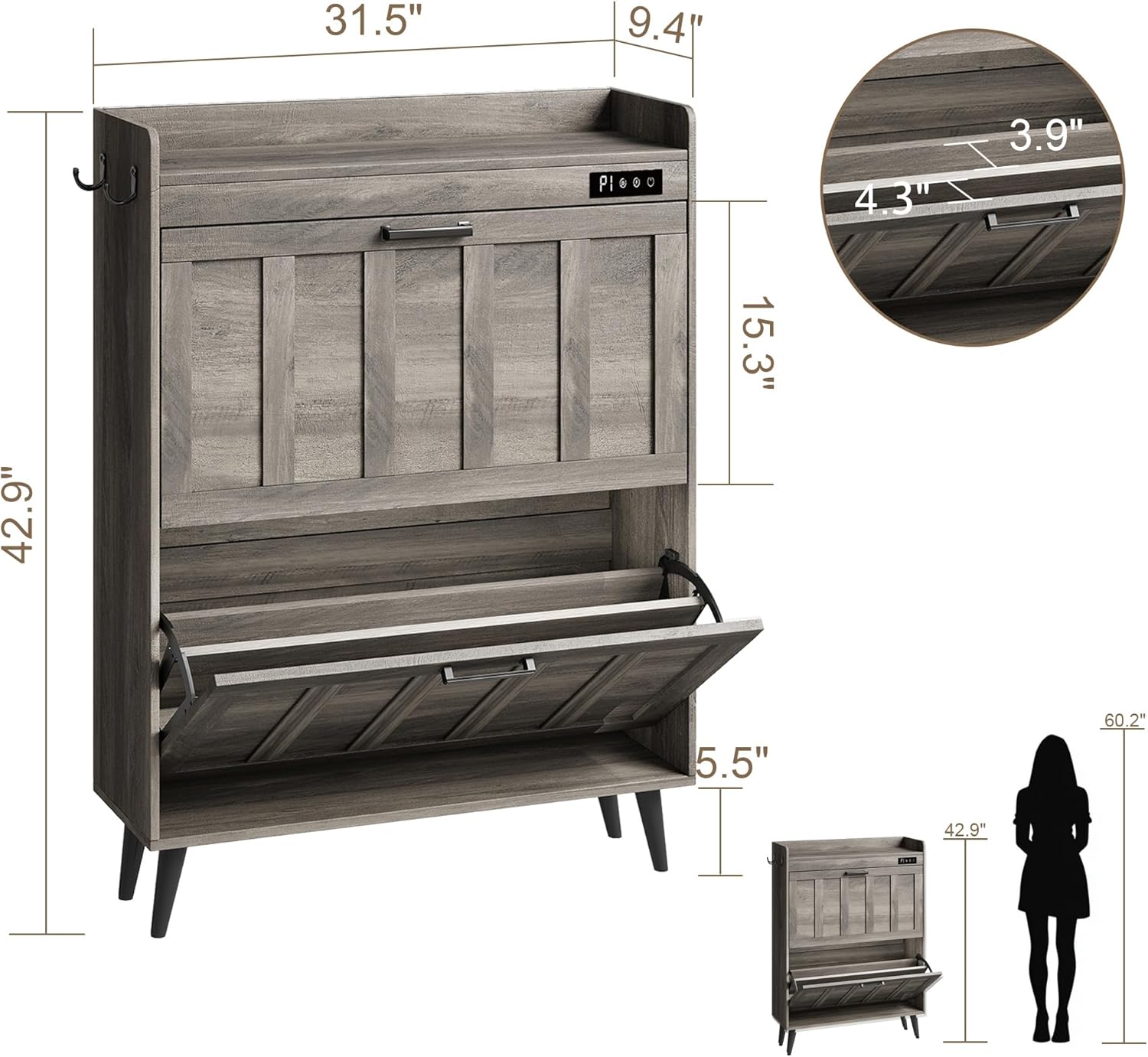 ChooChoo Shoe Storage Cabinet with 2 Flip Drawers, Deodorizing Shoe Organizer Storage for Entryway, Freestanding Hidden Slim Narrow Shoe Rack Cabinet, Grey