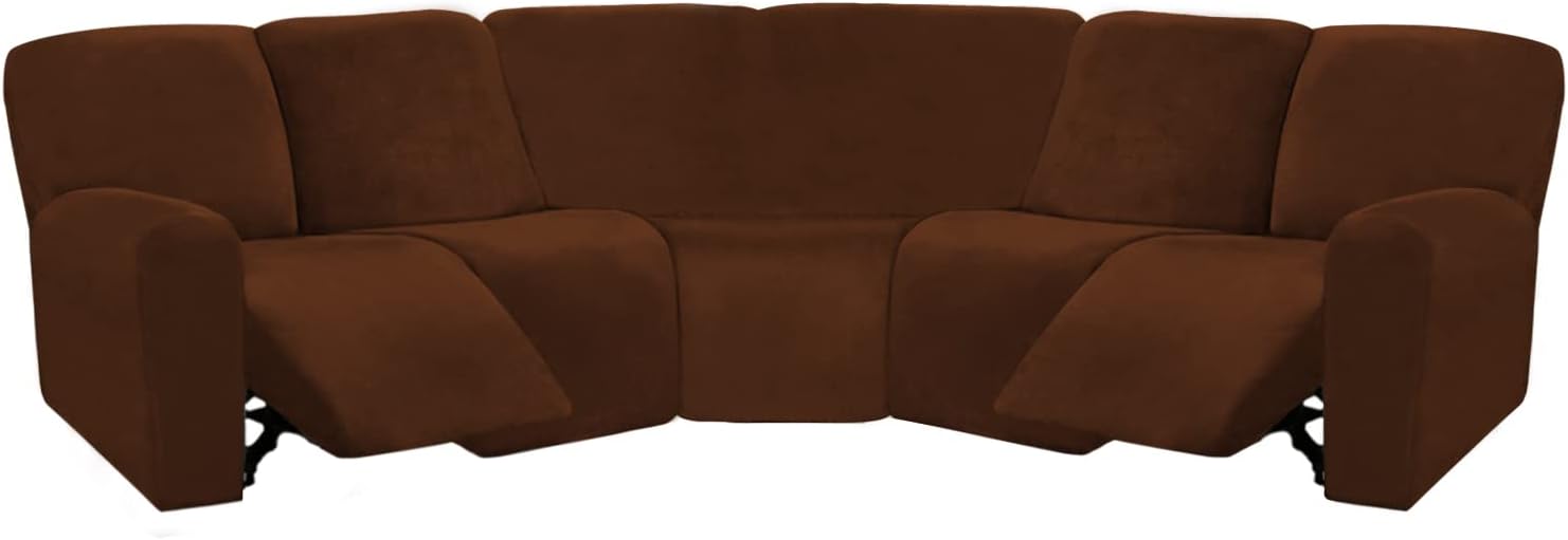 ULTICOR 7-Piece L Shape Sectional, Velvet Stretch Reclining Couch Covers for Sofa, Thick, Soft, Washable (Chocolate, 5 Seat Recliner Cover)