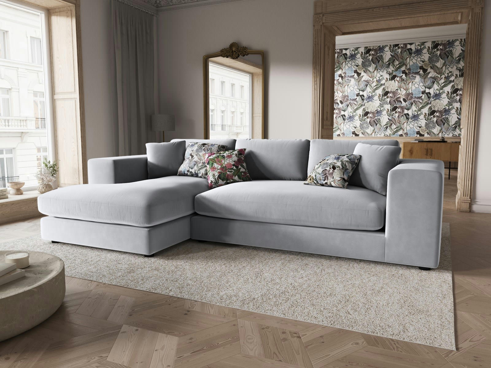 TENDANCE - Canapé D'Angle Gauche 5 places en Velours Gris Clair