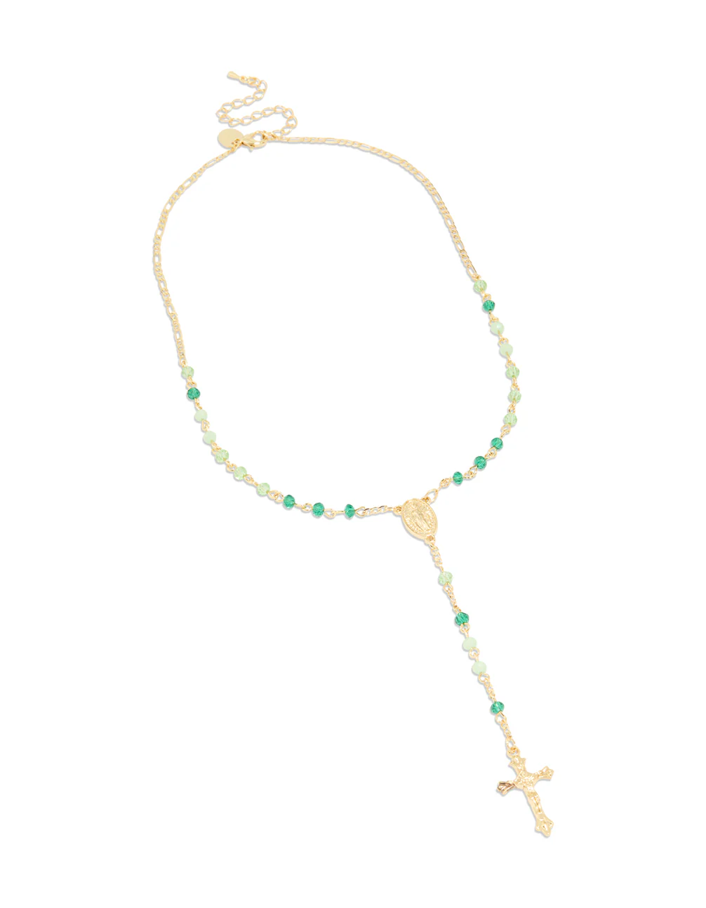 Gold Plated Green Beaded Lariat Cross Necklace