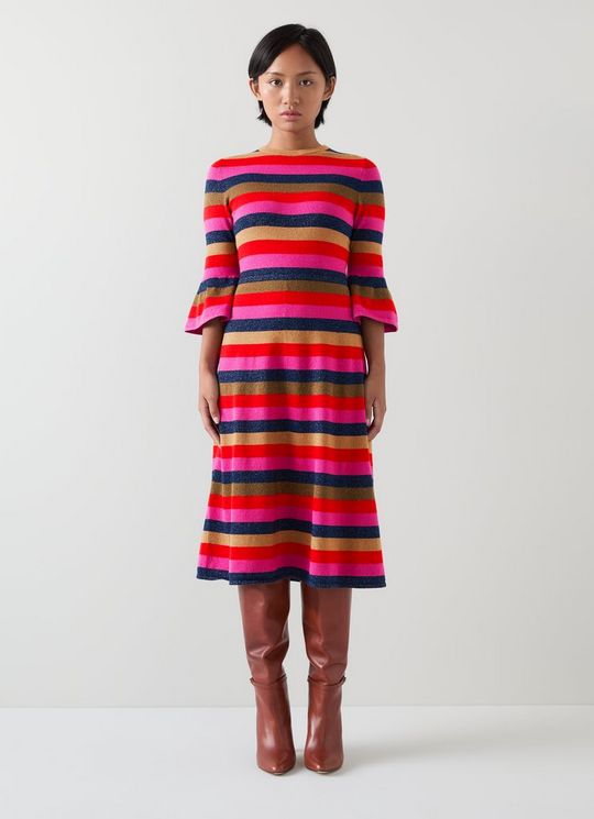 Alice Petite Pink Multi Stripe Metallic Knit Frill Dress