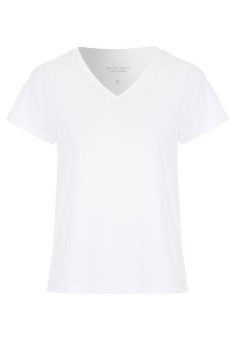 Womens White Cotton Roll Sleeve T-Shirt