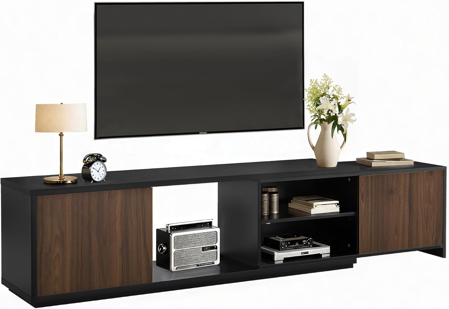 Extendable TV Stand for TVs up to 90,Modern Entertainment Center with Adjustable Shelf,Television Stand with 2 Storage Cabinets,Wooden TV Media Console for Living Room Bedroom Black