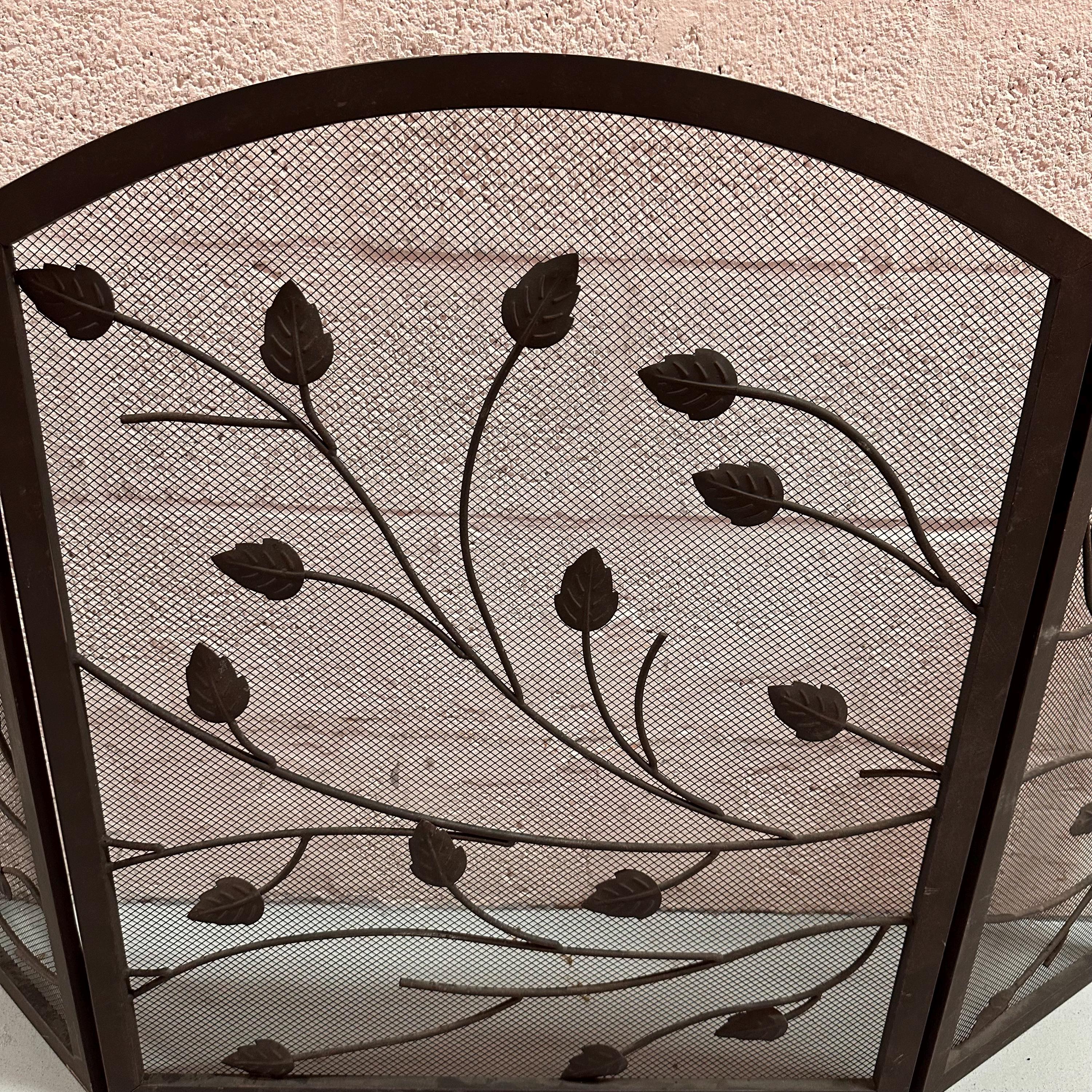 Vintage Wrought Iron 3 Panel Fireplace Screen Leaf Vine Mesh Fire Guard