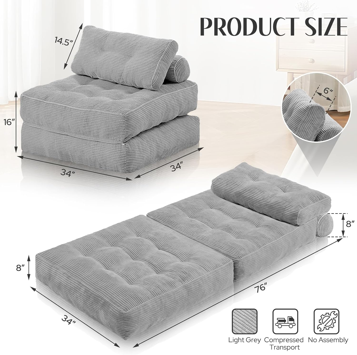 HABUTWAY Folding Sofa Bed, Convertible Sleeper Chair Bed w/Dual-Pillow & Handle, Foldable Floor Sofa Lounge w/Back Support for Living Room, Bedroom, Apartment, Office, Single, Light Grey