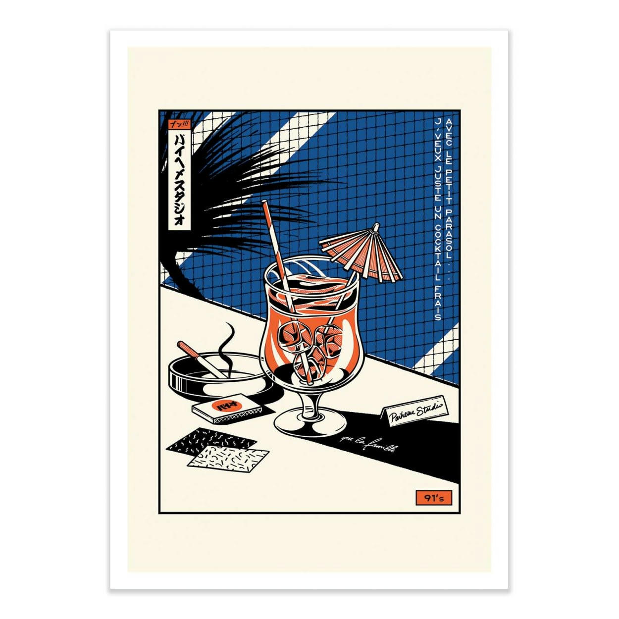 PAIHEME STUDIO - COCKTAIL - Affiche d'art avec Cadre bois noir - 50 x 70 cm