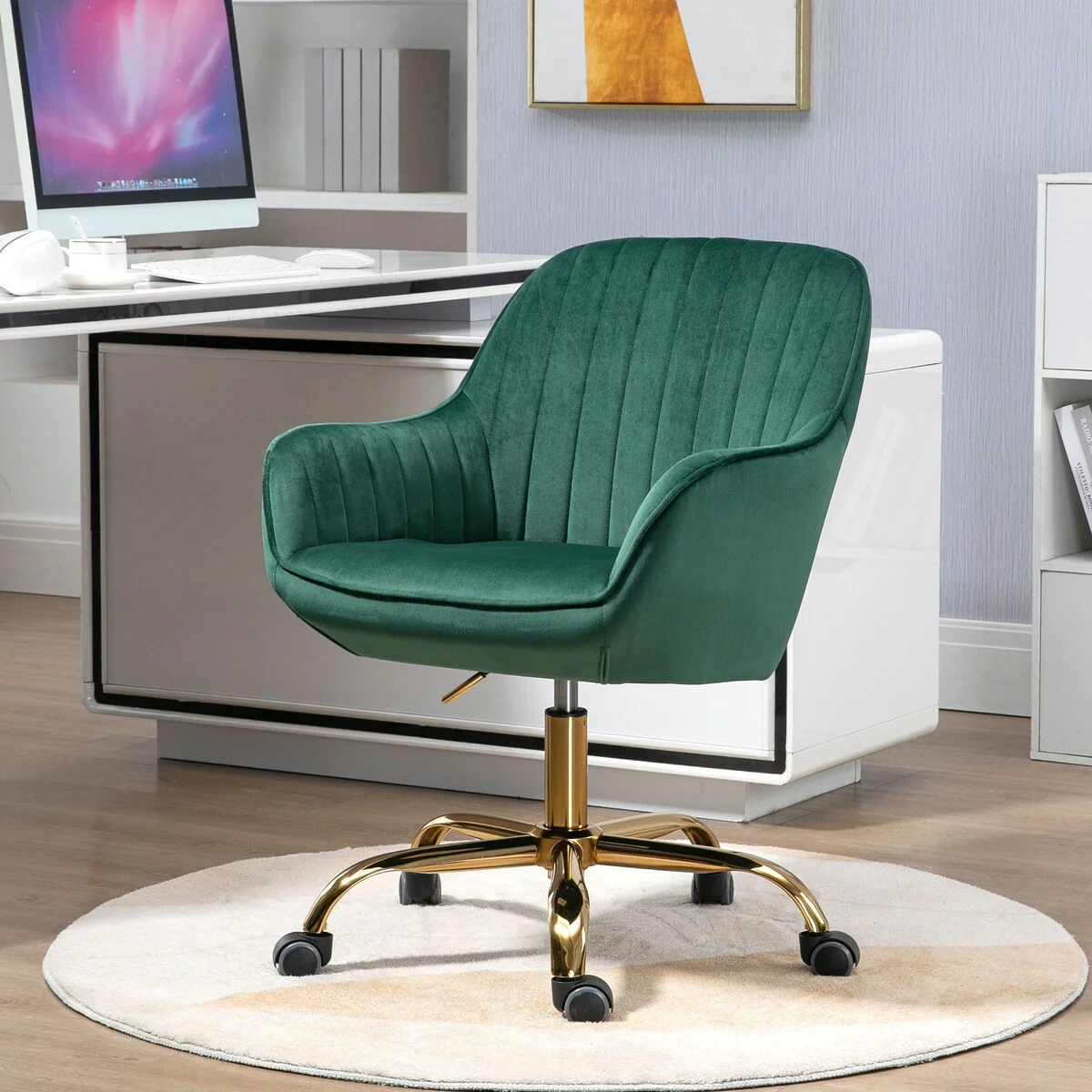 360°Velvet Swivel Chair With High Back, Adjustable Working Chair With Golden Color Base