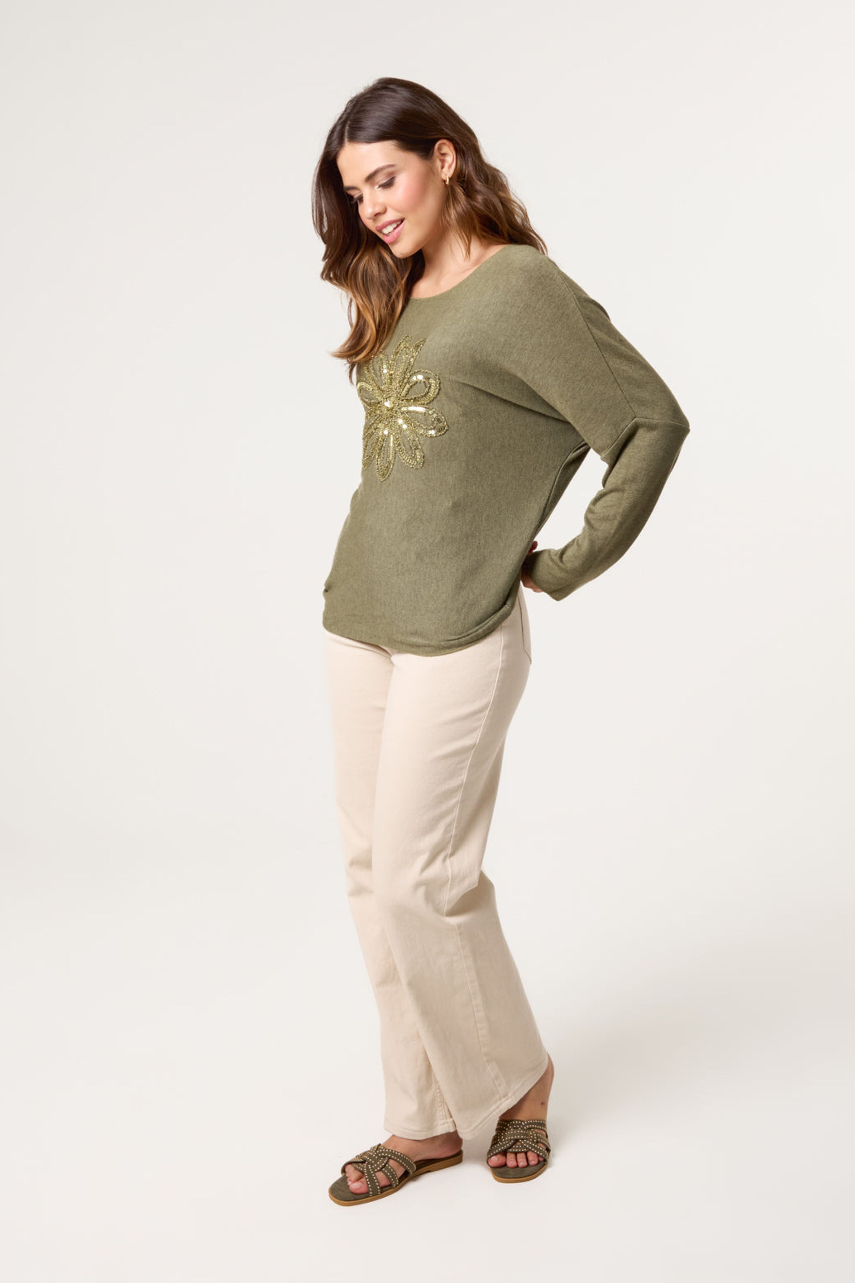 Blue Vanilla Khaki Embroidered Sequin Flower Top