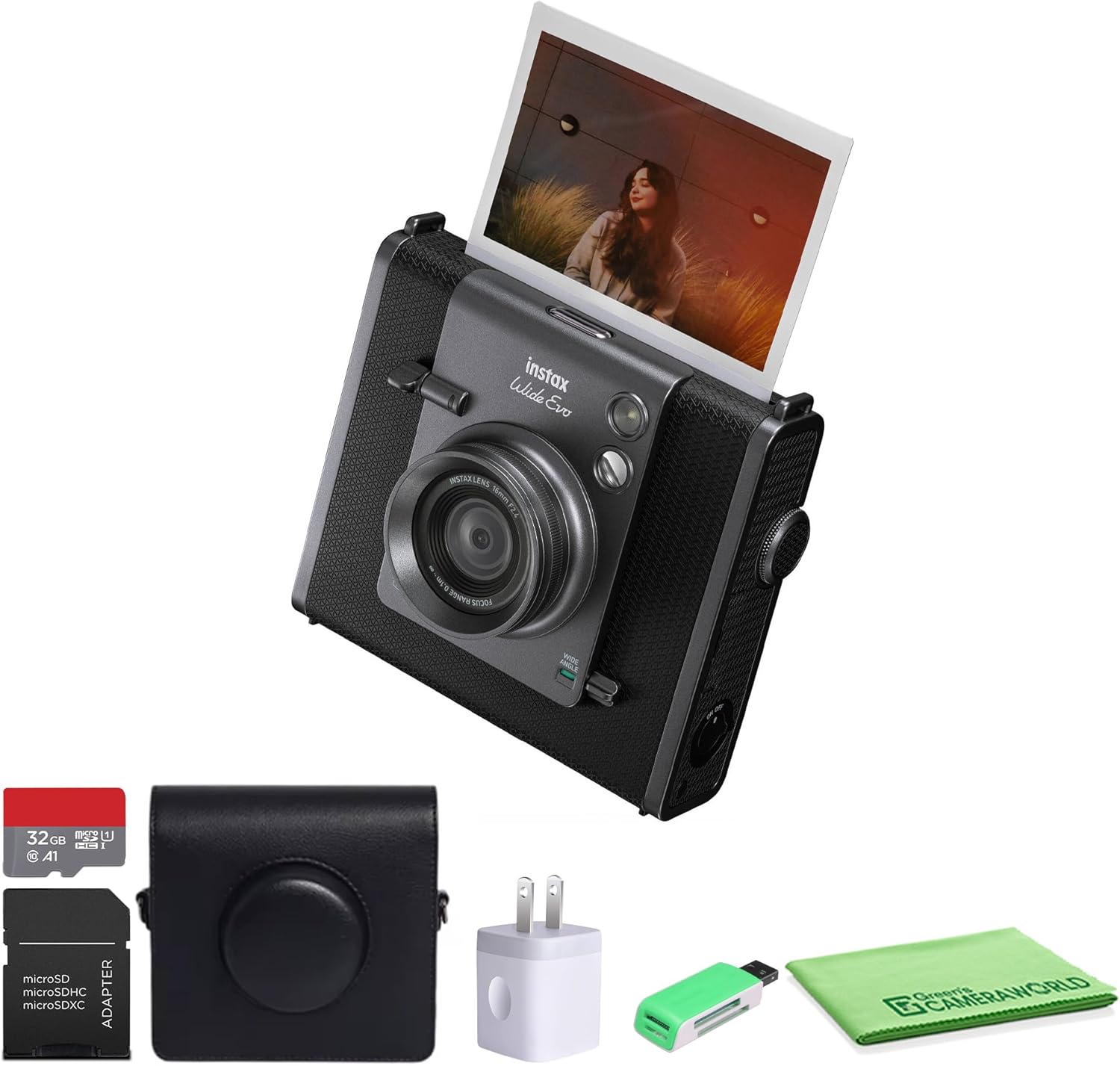 Fujifilm Instax Wide Evo Hybrid Instant Film Camera Bundle with Compatible Carrying Case + 32GB Memory Card + Cleaning Cloth + More