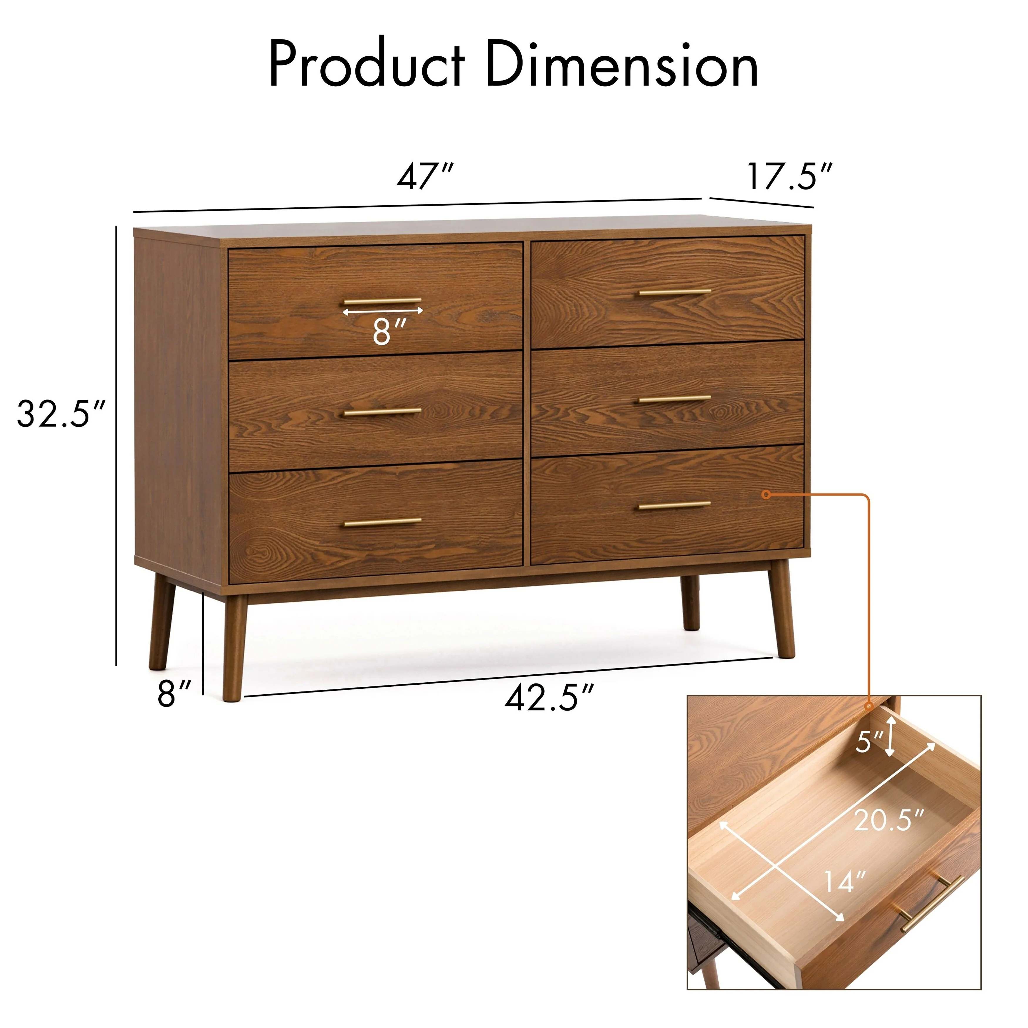 Furniture of America Beau Midcentury Walnut 6-Drawer Dresser with Interlocking Drawers