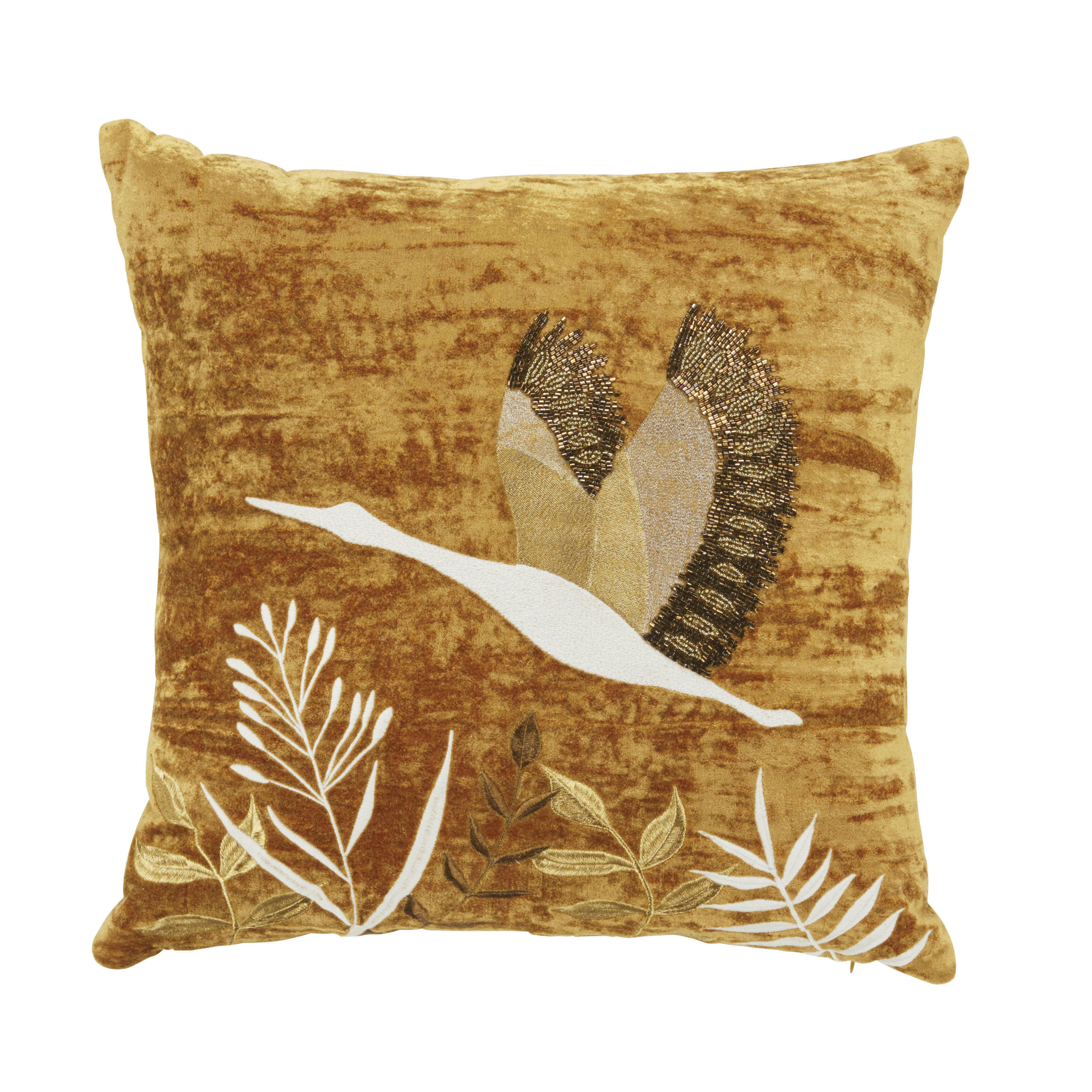 IWAKI - Coussin en velours à motif héron brodé avec perles jaune ocre 45x45