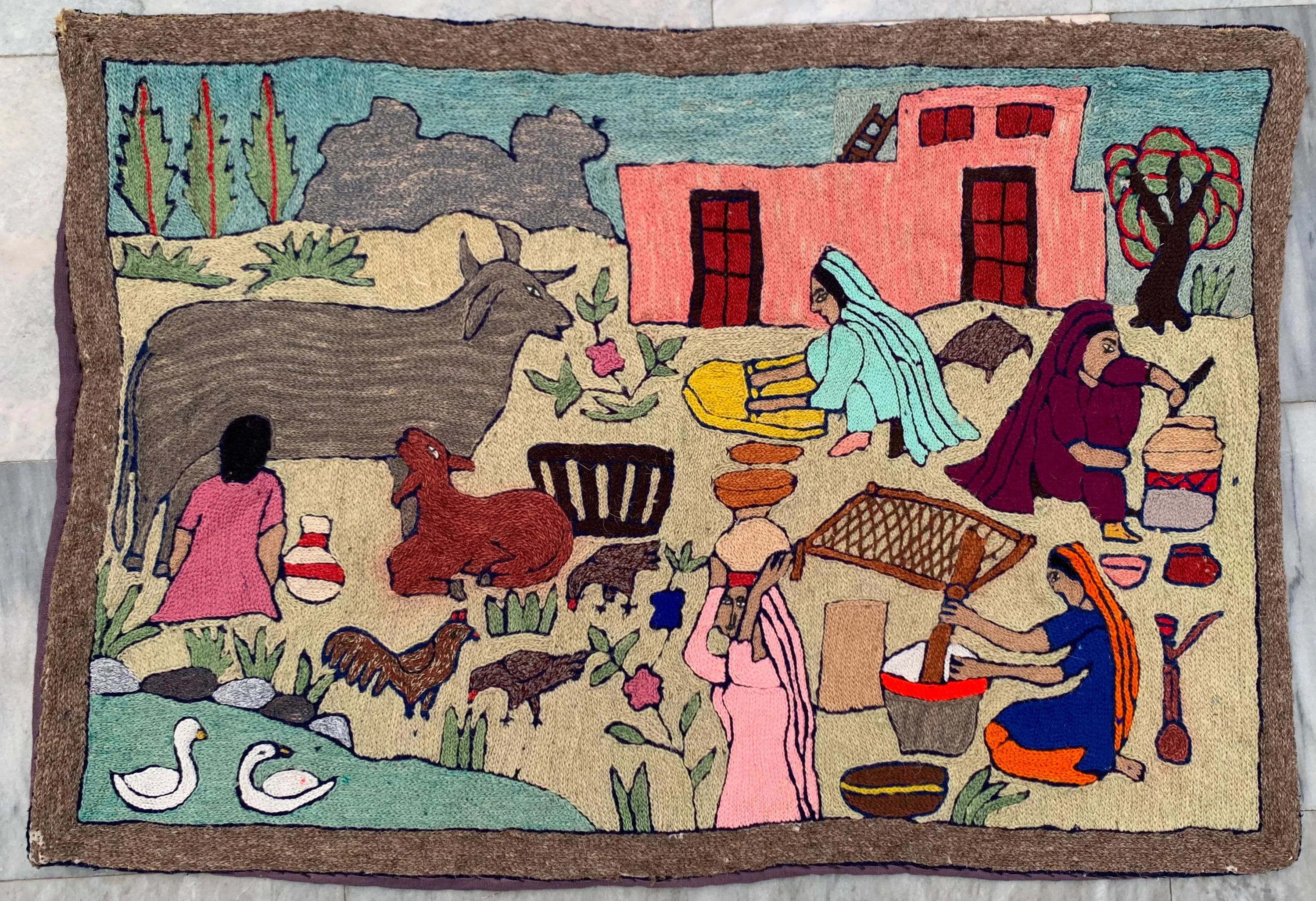 Vintage Aubusson Needlepoint Rug: French Style Pictorial Design tapestry (2x3 Ft)