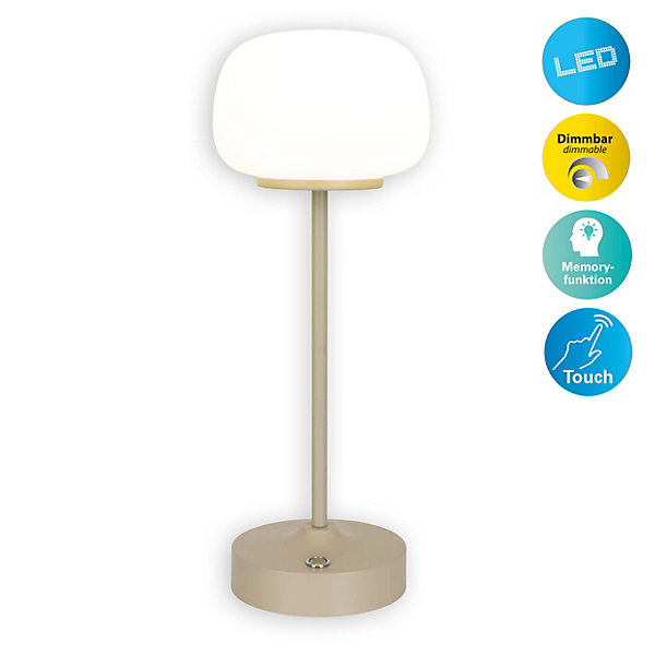 Lampe LED à accu/de table 'PINA' 30 cm de haut, en métal (beige) et verre (blanc), LEDs intégrés, blanc chaud