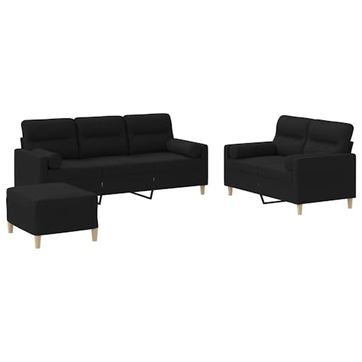 NNEVL 3 Piece Sofa Set with Pillows Black Fabric