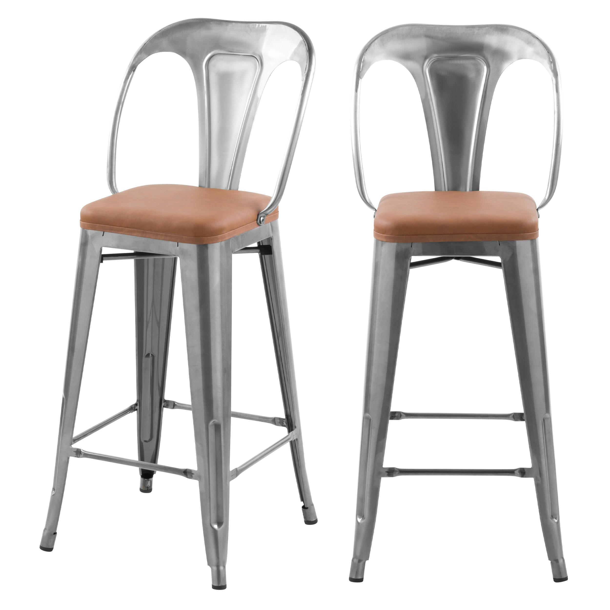 CHARLY - Chaise de bar mi-hauteur chrome et marron 66 cm (lot de 2)