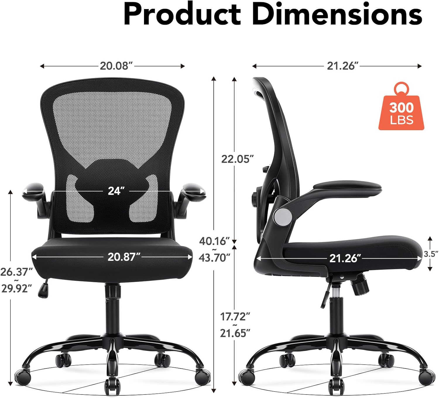 Ergonomic Office Chair, Computer Desk Chair with Adjustable Lumbar Support, Breathable Mesh Office Chair with Flip-up Armrests, Rocking Function, Comfy Home Office Desk Chair, Black