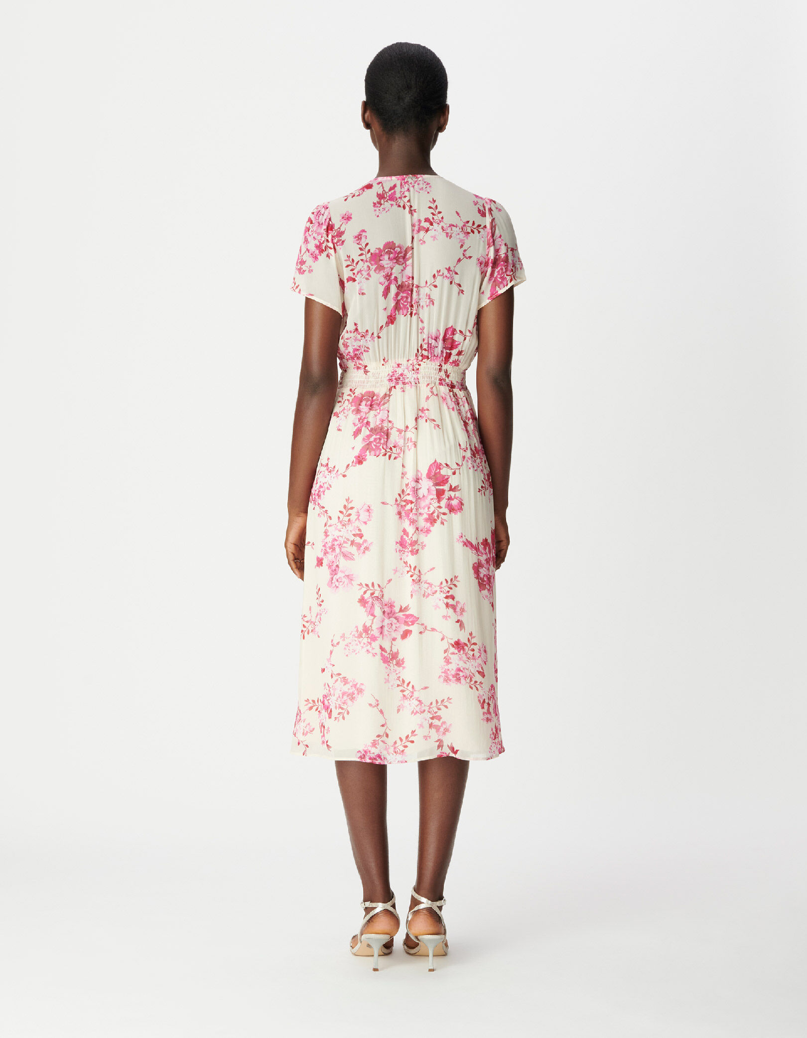 Robe midi écrue imprimé fleurs roses Femme