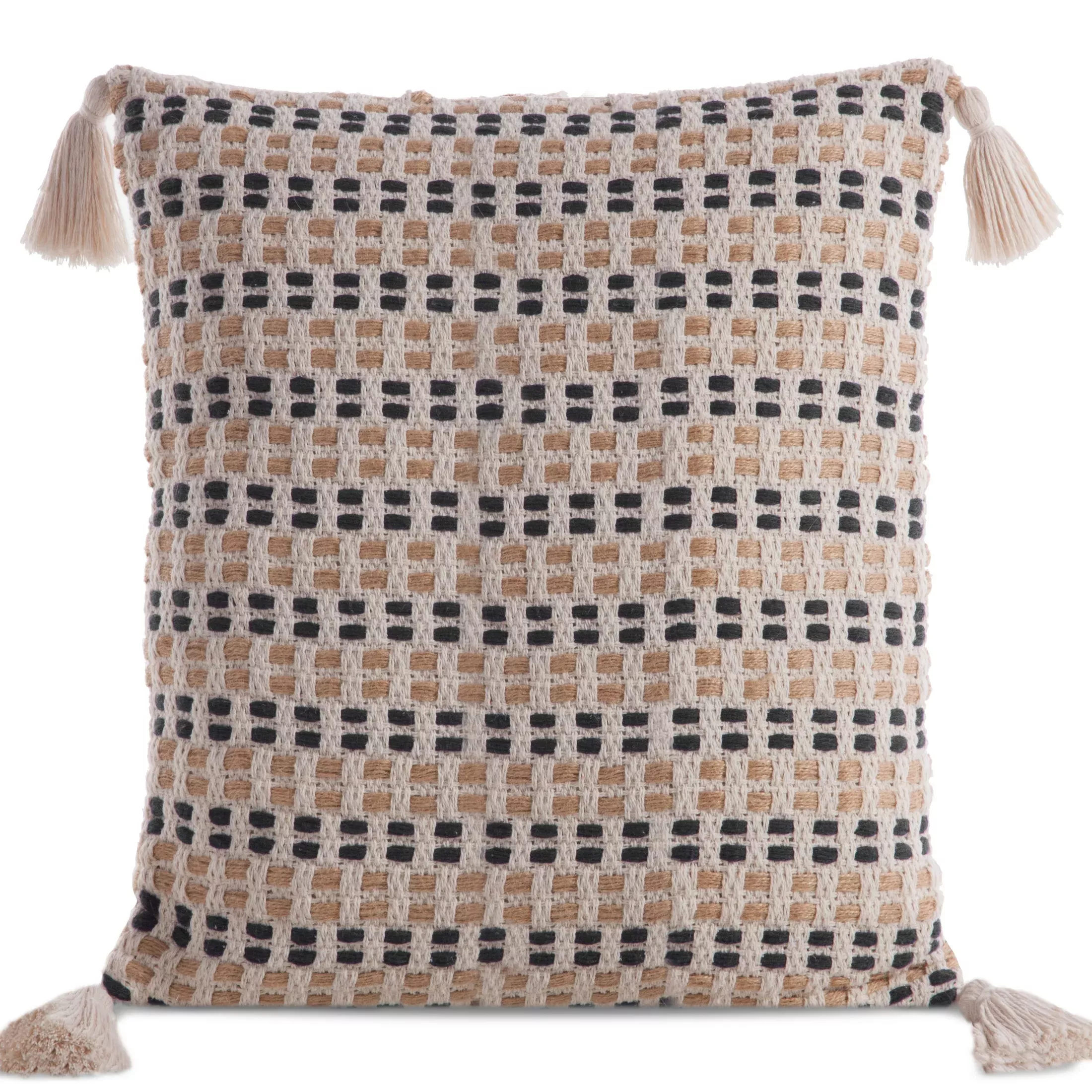 Poszewka na poduszkę 45x45 cm bawełniana kremowo czarna z ozdobnymi chwostami na rogach BOHO
