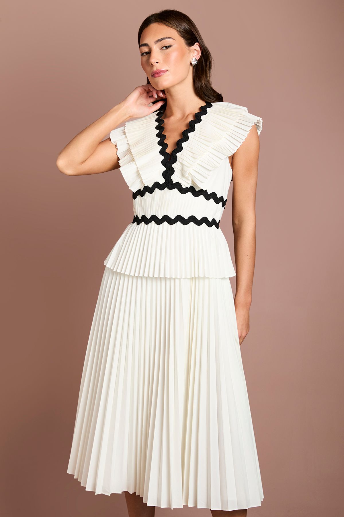 Coast Pleated Cotton Detail Ruffle Shoulder Midi Dress