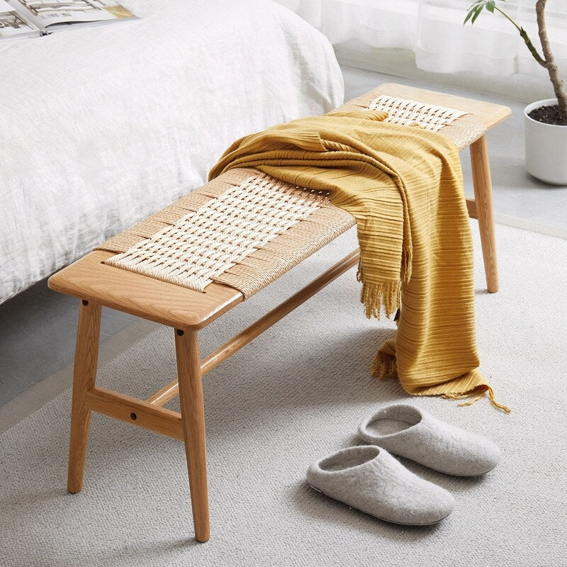 Versatile Natural Oak Wood Bench for Various Rooms with Woven Seat
