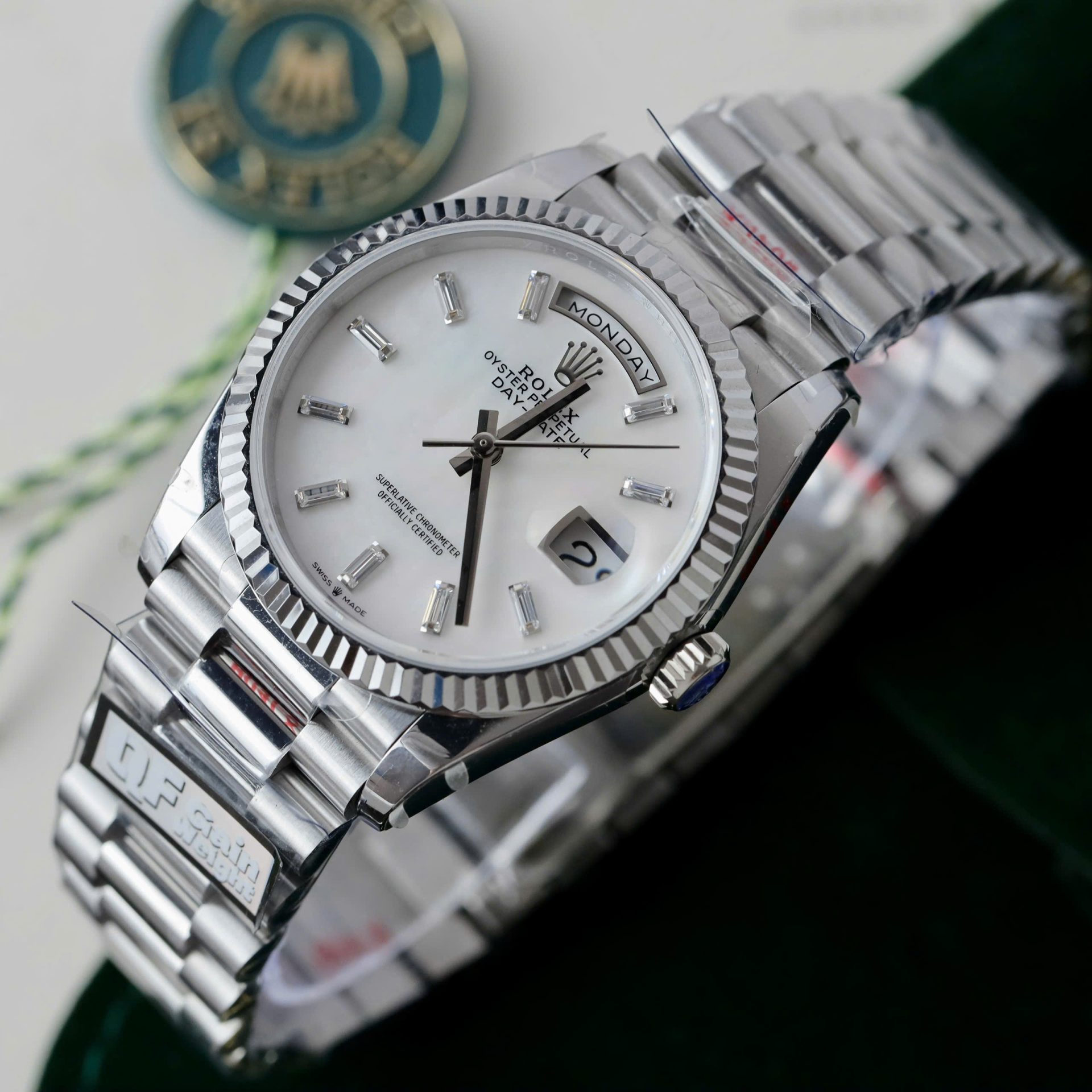 Rolex Day-Date 904L Steel MOP Dial CZ Diamonds 36mm Super Clone