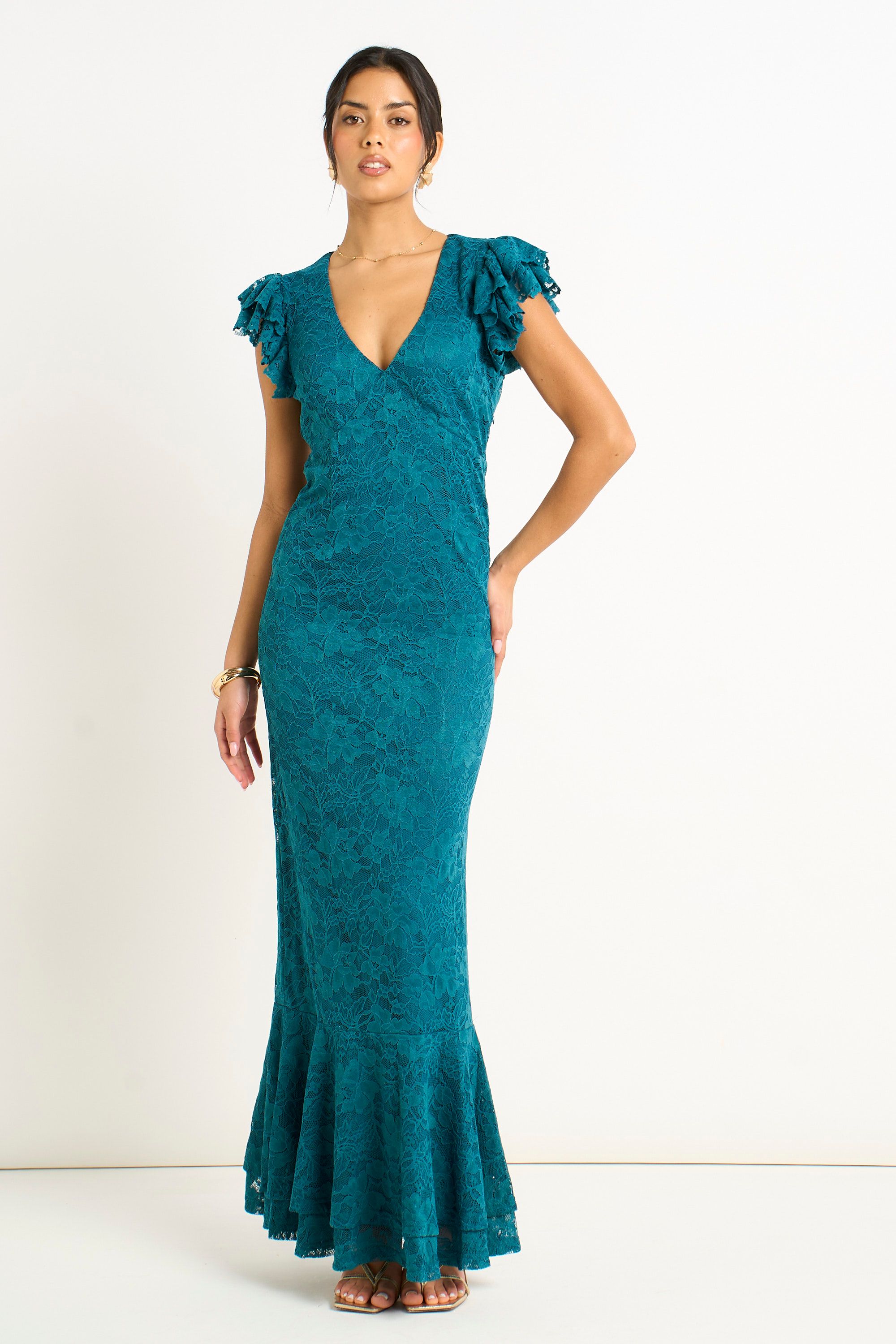 Gini London Teal Jersey Lace V Neck Ruffle Maxi Dress