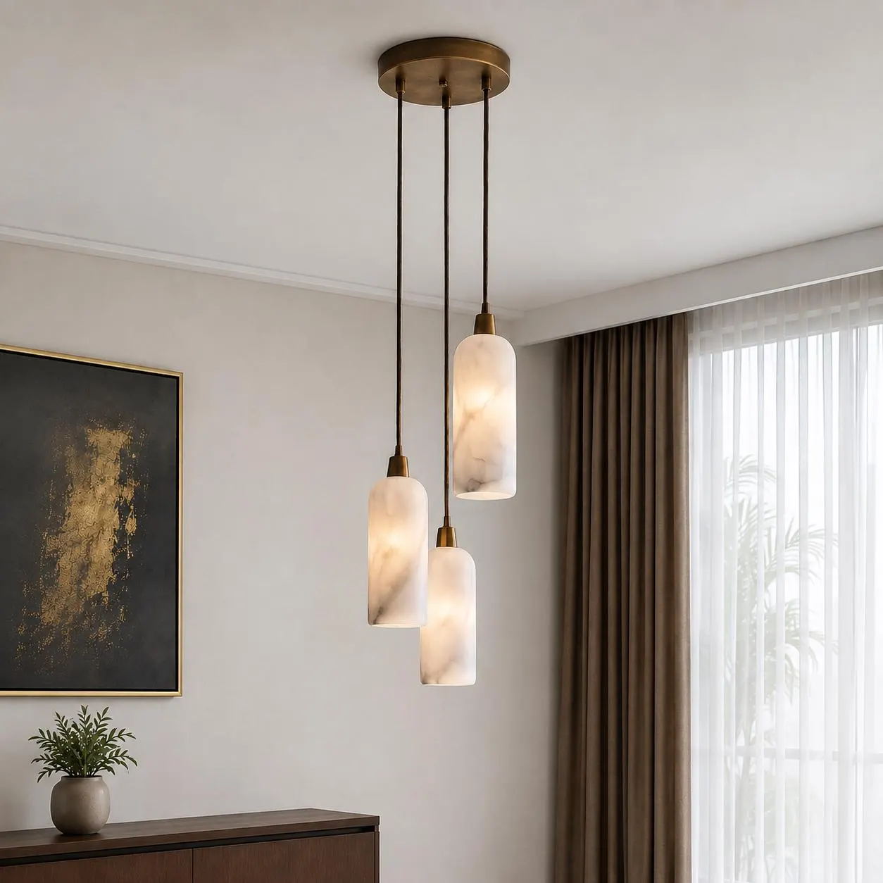 Natural Alabaster Stone Pendant Light Cylinder Marble Shade Lamp Modern Brass Hanging Light Chandelier Dining Island Lighting