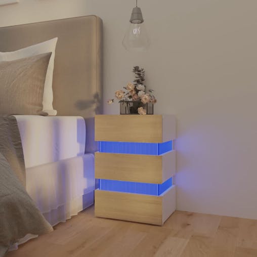 NNEVL LED Bedside Cabinet White and Sonoma Oak 45x35x67 cm Chipboard