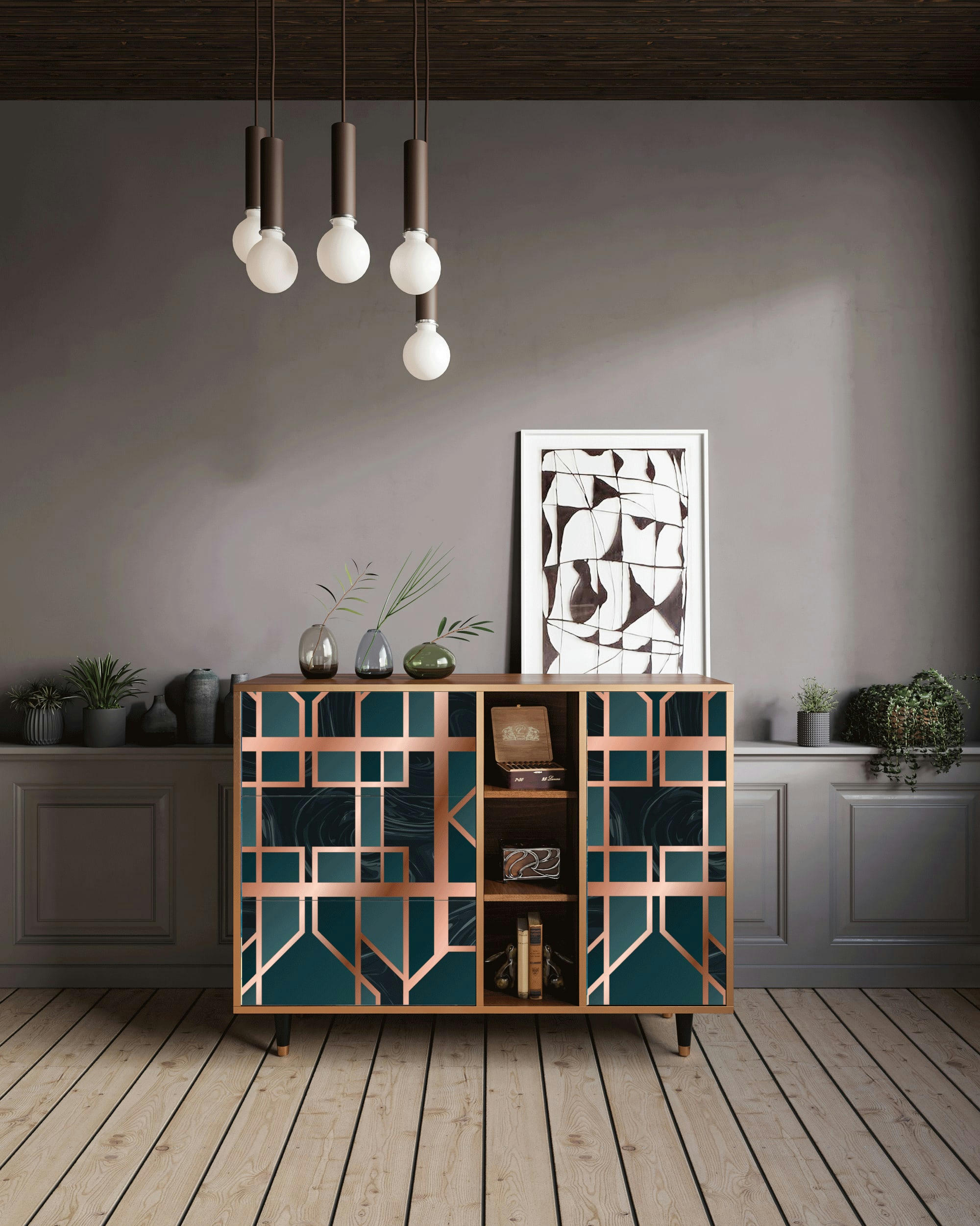 EMERALD METRO - Buffet  bleu-vert 3 tiroirs et 1 porte L 125 cm