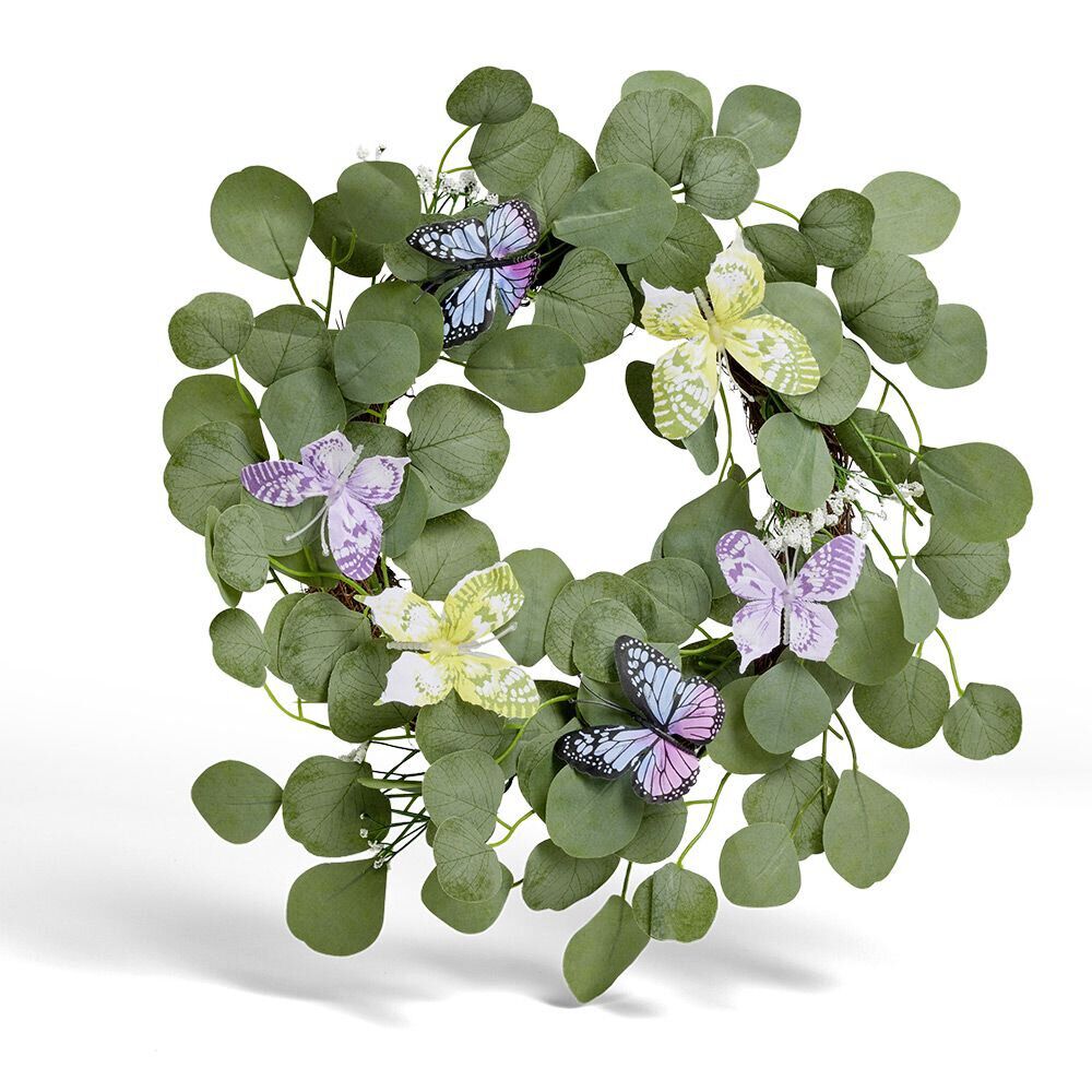 Couronne déco printemps eucalyptus artificiel et papillons Ø45cm