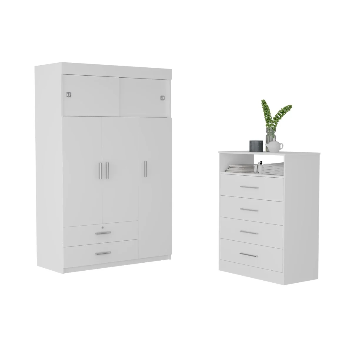 FM Furniture Omaha 2-Piece Bedroom Set with Armoire and 4-Drawer Dresser, White